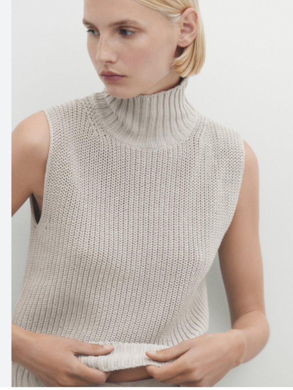 massimo dutti Purl knit vest with a mock turtleneck Stone Size Small